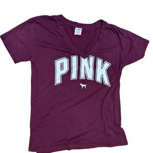 Victoria’s Secret PINK Maroon V-Neck Tee Small Y2K‎ Athleisure Softcore